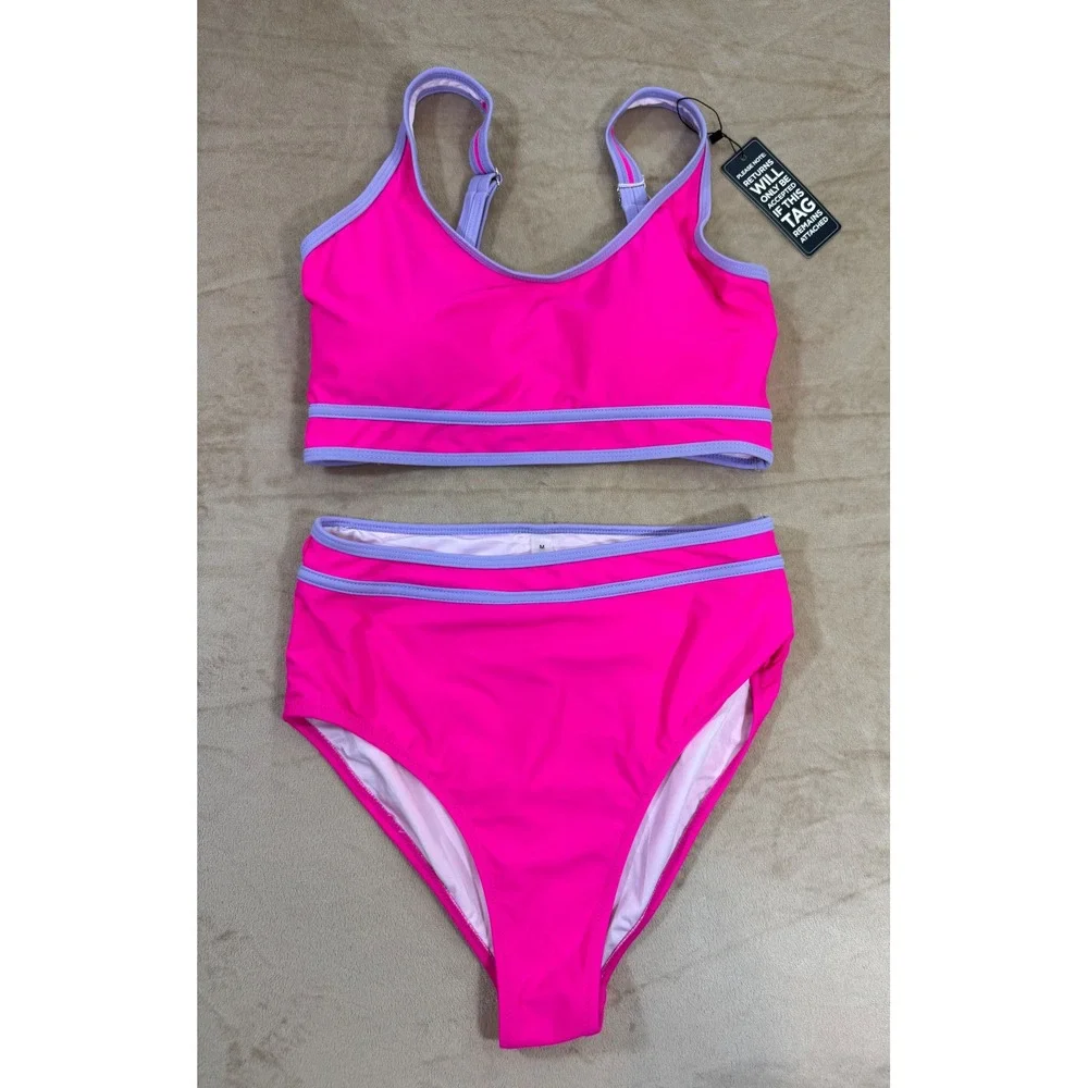 BMJL Womens Neon Pink Lavender High Waisted Bikini Set Two Piece Swimsuit M